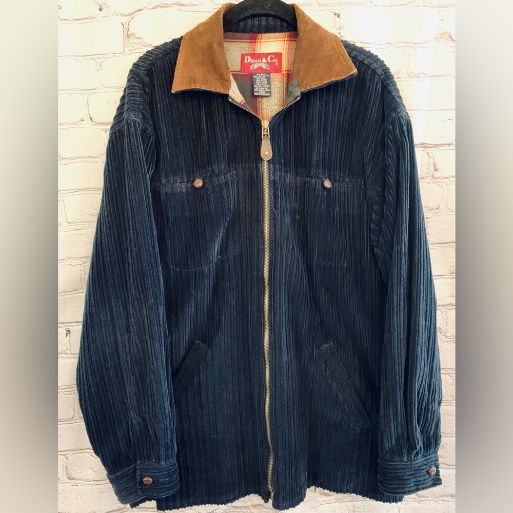Vintage Denim&Co Plaid Corduroy Barn Jacket with Plaid Lining and Leather Collar